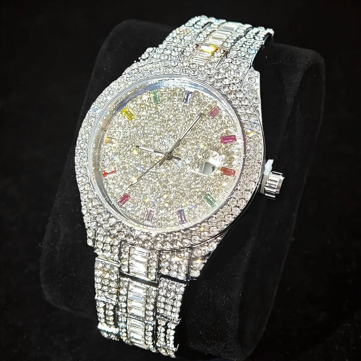 Горячие роскошные брендовые мужские круглые часы со льдом, блестящие хип-хоп, полный бриллиант, модные цветные точечные бриллиантовые циферблаты, мужские кварцевые наручные часы, новый подарок