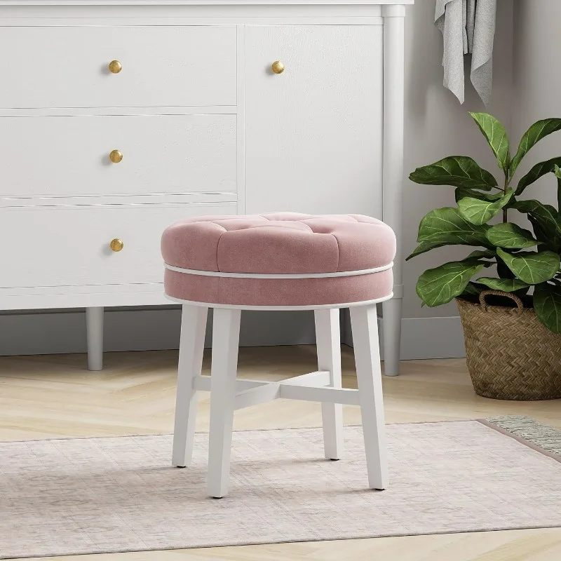

Tufted Round Pink Vanity Stool - Backless Makeup Seat for Women, Dressing Stool for Bedroom & Bathroom Use