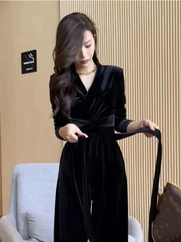 

Bla Velvet Jumpsuit Women's Faion Autumn Winter High Waist V-ne Suit Set Ele Ladylike Feel High Quali One-piece