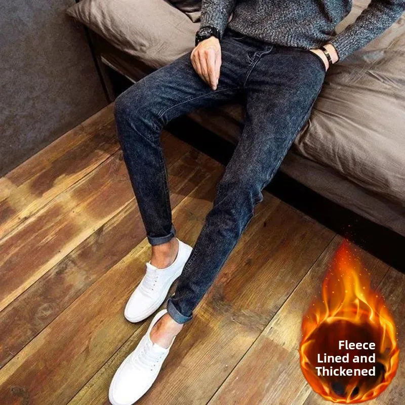 

Winter Slim Fit Fce Lined Jeans Men's Elastic Stretch Long Pants Casual Youthful Sle mid Waist Zipper Closure Cotton Denim