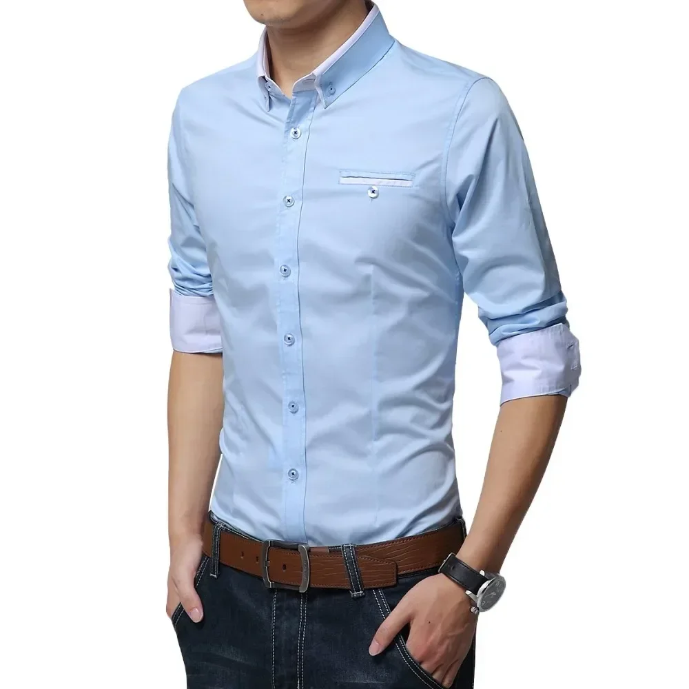 TFETTERS Newest Cotton Men Shirt Casual Shirt Long Sleeve Solid Color Regular Fit Plus Size Men\'s Shirts