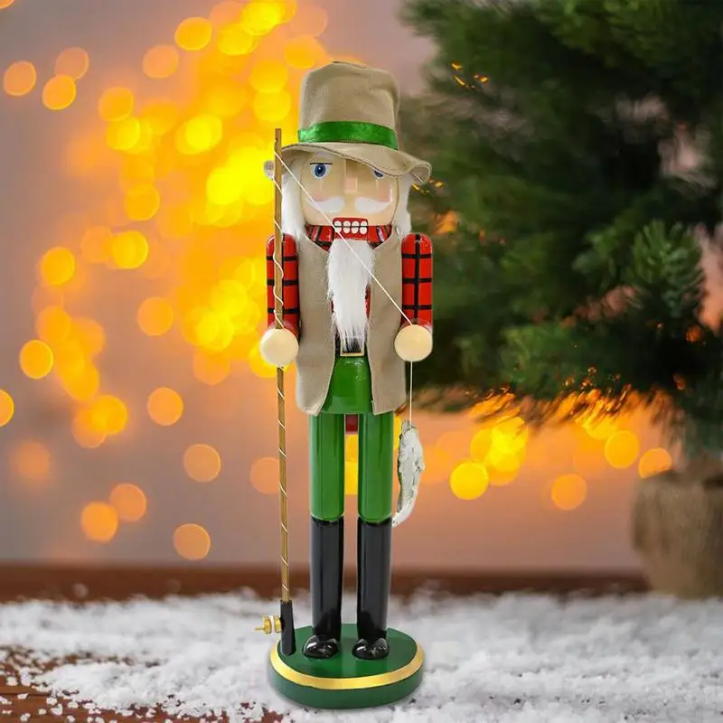 Wooden Nutcracker 14.96inch Christmas Decorative Fisherman Ornament Holiday Nut Cracker Doll Figure Nutcracker Figures For Shelf