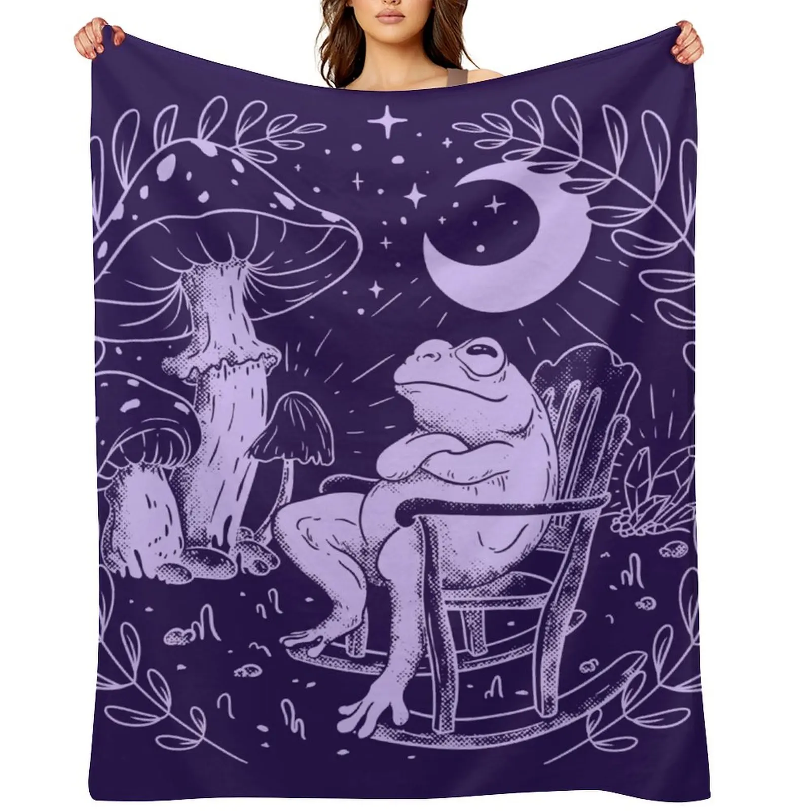 

Goblincore Aesthetic Cottagecore Frog Chilling - waiting for mushrooms to grow - Weirdcore Dreamcore Mycology Fung Throw Blanket