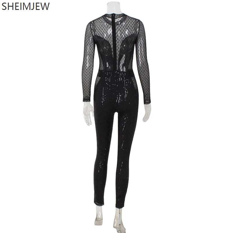 Moda feminina sexy clube malha emenda macacão palco cosplay lantejoulas manga longa magro transparente macacão feminino streetwear