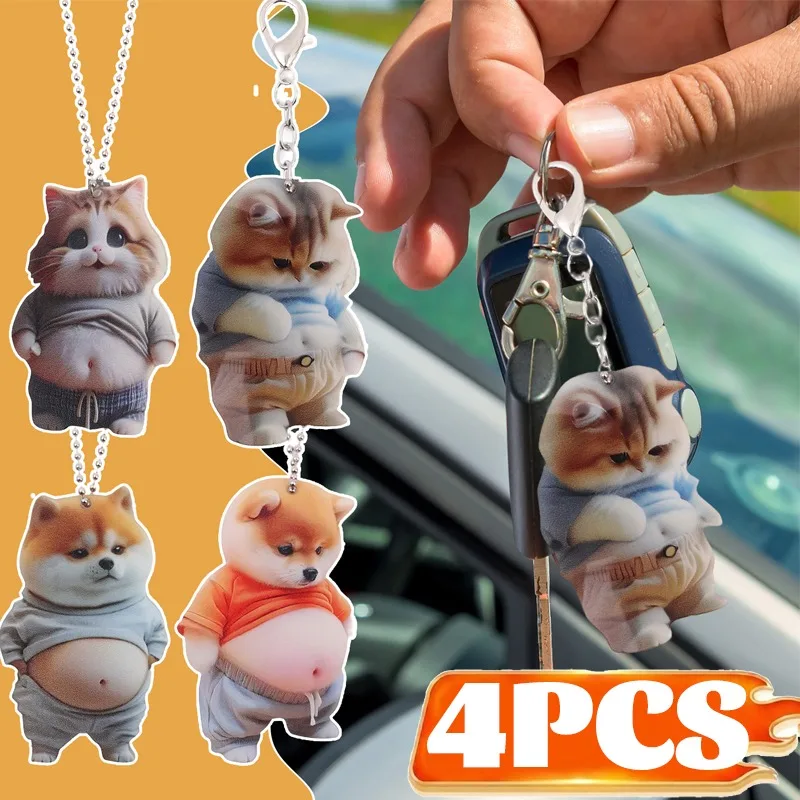 Cute Car Rearview Mirror Hanging Ornament Chubby Cat Dog Acrylic Pendant Cartoon Pet Interior Decoration Keychain Gift Accessory