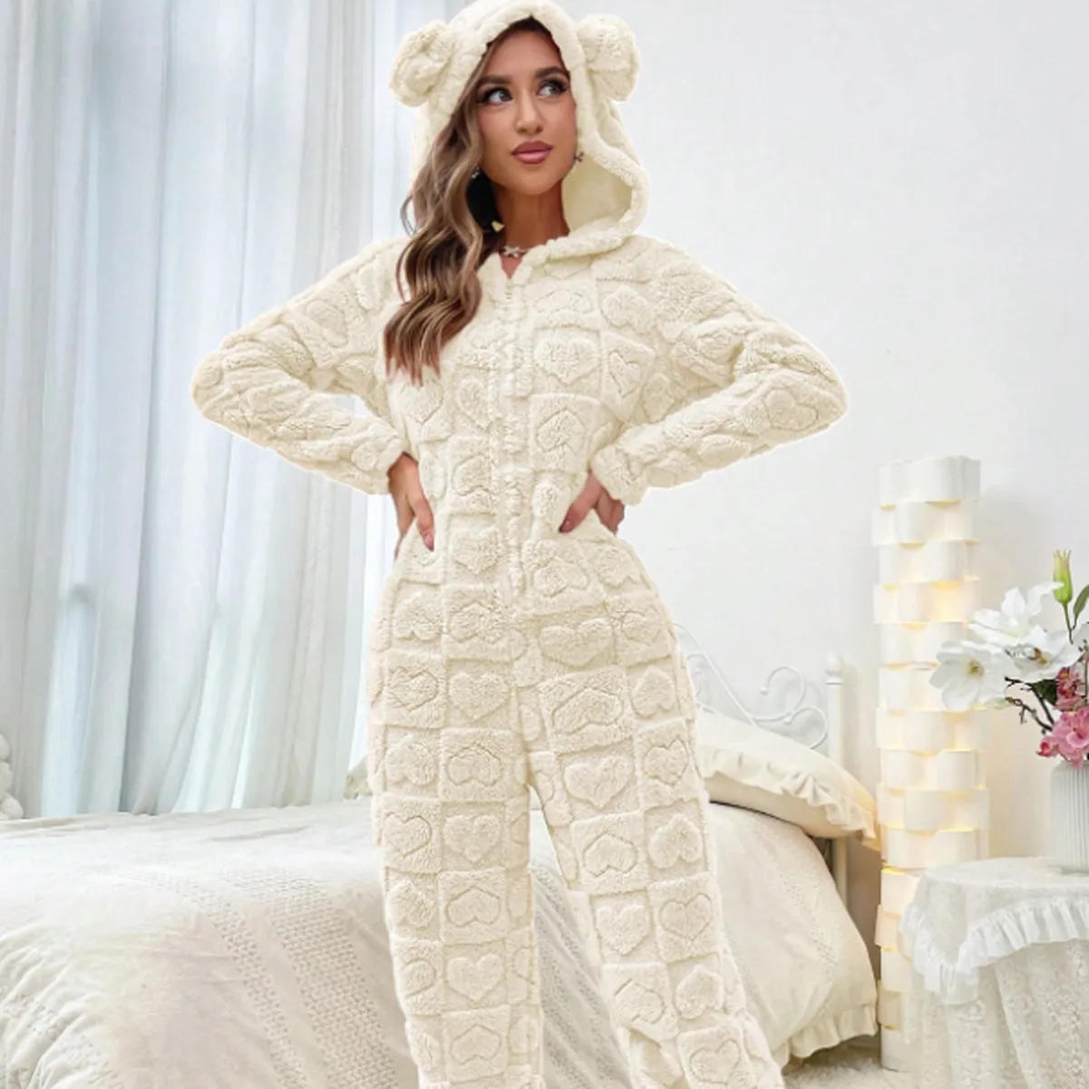 Hooded Ears Heart Pattern Long Sleeve Fleece Onesie For Women Coral Velvet Jumpsuit Loose Fit Warm Autumn Winter