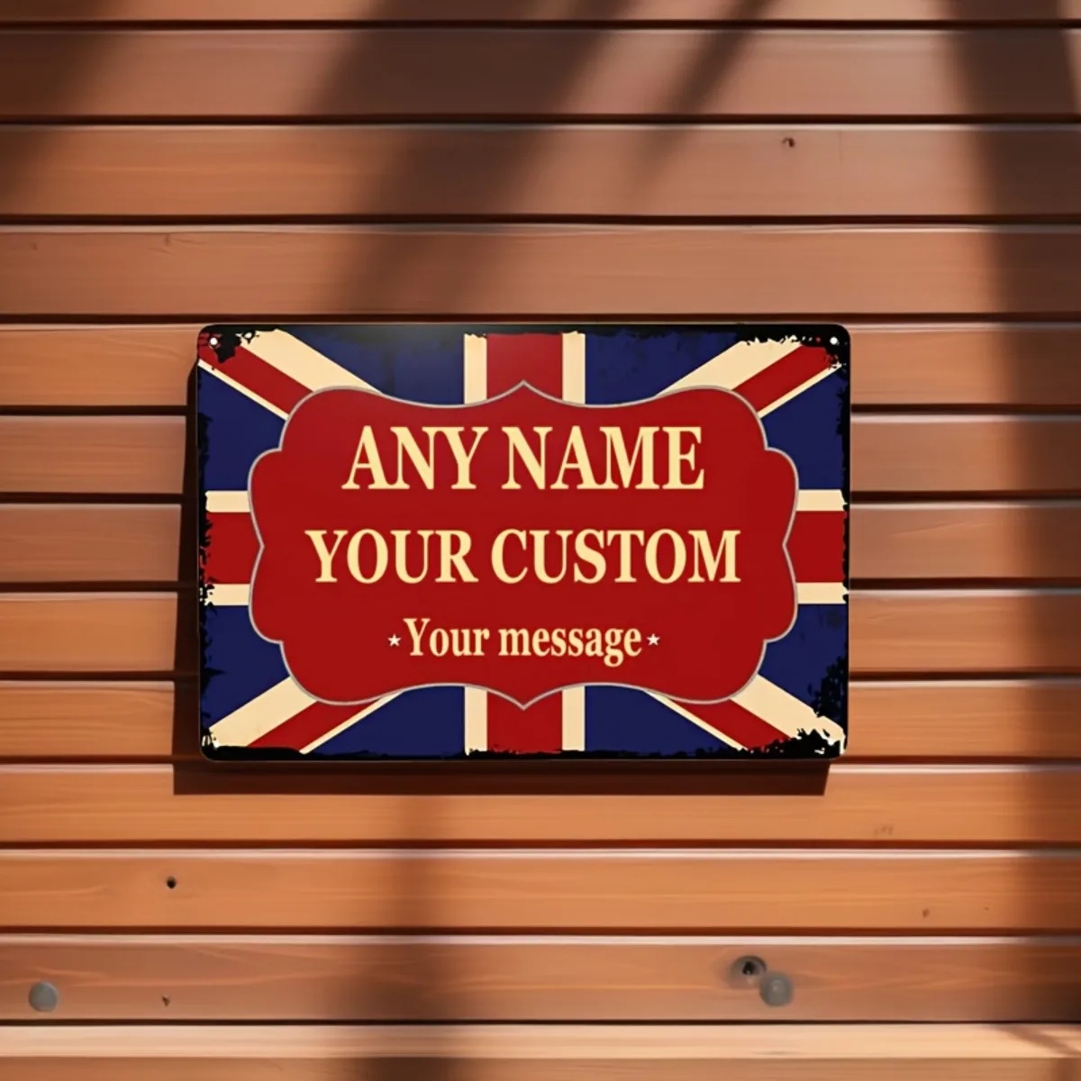 12x8 Zoll personalisiertes Metallschild mit Name/Nachricht, britisches Union-Jack-Motiv, robustes Aluminiumschild für Männerhöhle, Kneipe, Garage, Zuhause, Büro