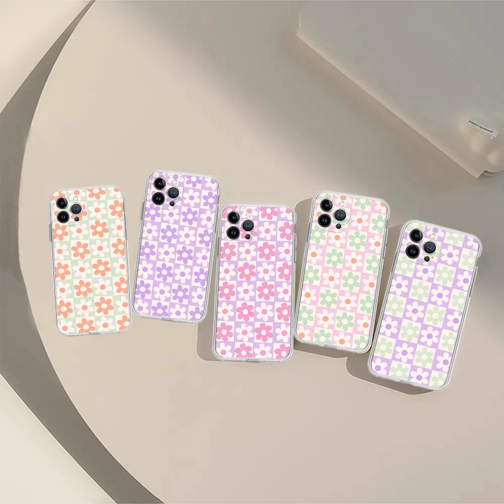 Casing ponsel bunga kotak-kotak, pelindung silikon lunak untuk iphone 15 14 13 12 11 Pro Mini XS MAX 8 7 6 Plus X XS XR