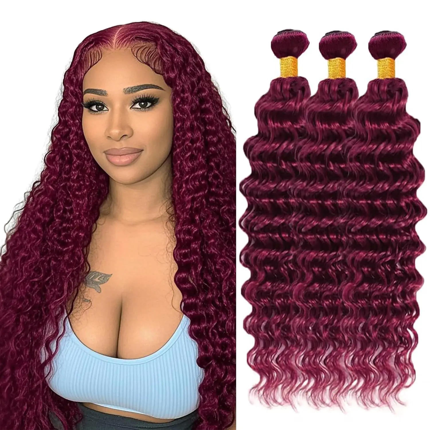 

Наборы натуральных волос 99J Deep Wave, красные бордовые, 1/3/4 пучка, винно-красные, 10-32 дюйма