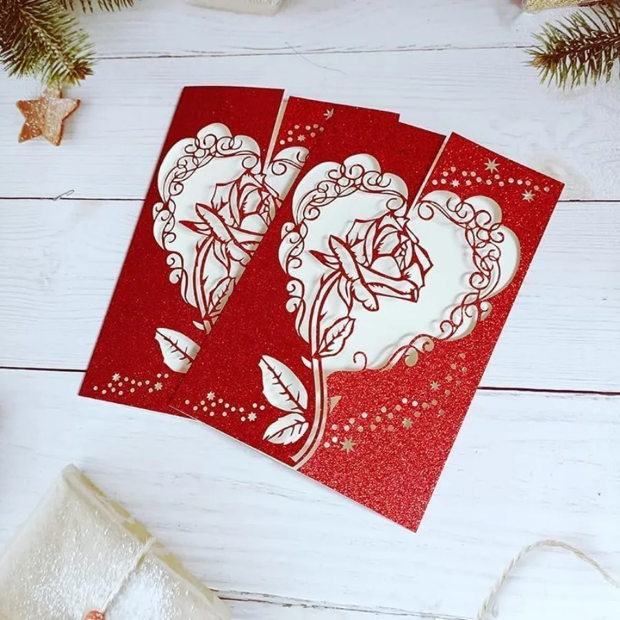 

Красные блестящие пригласительные открытки для Quinceanera с лазерной резкой в стиле 50-х годов, DIY-приглашения на 15-летие с вкладышами и конвертами