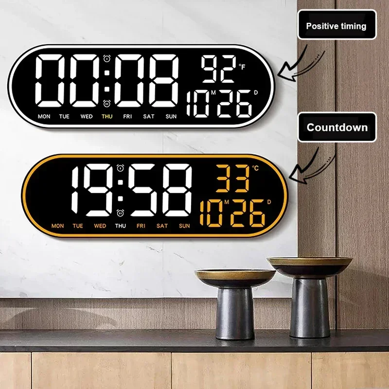 Large LED Digital Wall Clock with Temperature Date Week Display Alarms Clock Timer Countdown Wall-mounted Dual Alarms LED Clocks