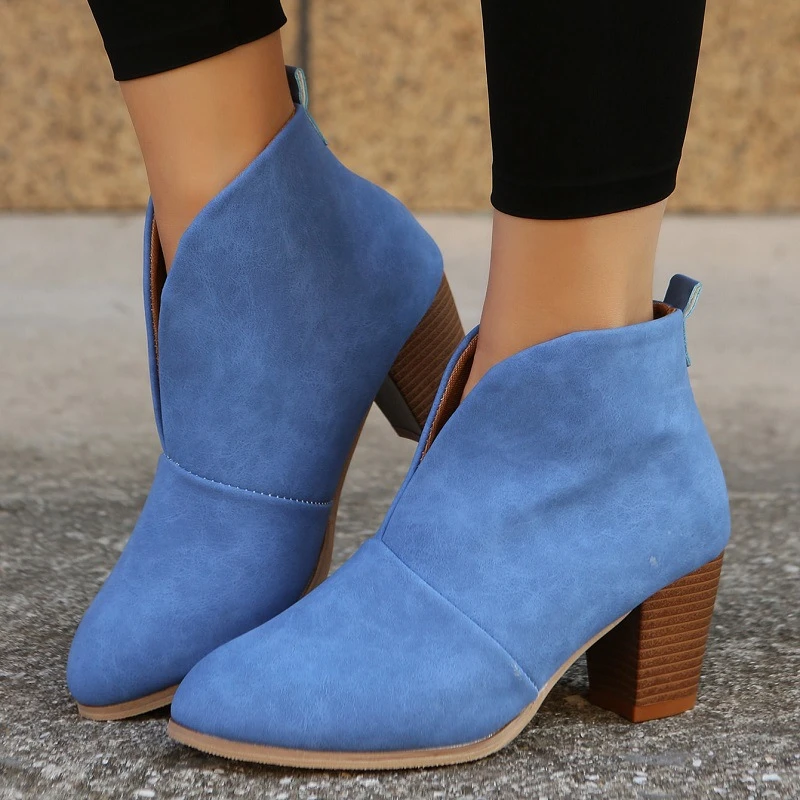 

New Women Boots Ankle Boots V Cutout Stacked Heel Booties Fashion Chelsea Boots Ladies PU Botas Zapatos Mujer Plus Size Shoes