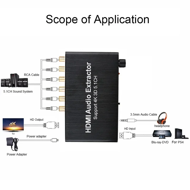 4K 3D 5.1 Channel 5.1CH Audio Extractor Decoder RCA HDMI Video Converter for PS4 Xbox DVD Laptop PC To TV Monitor Sound System