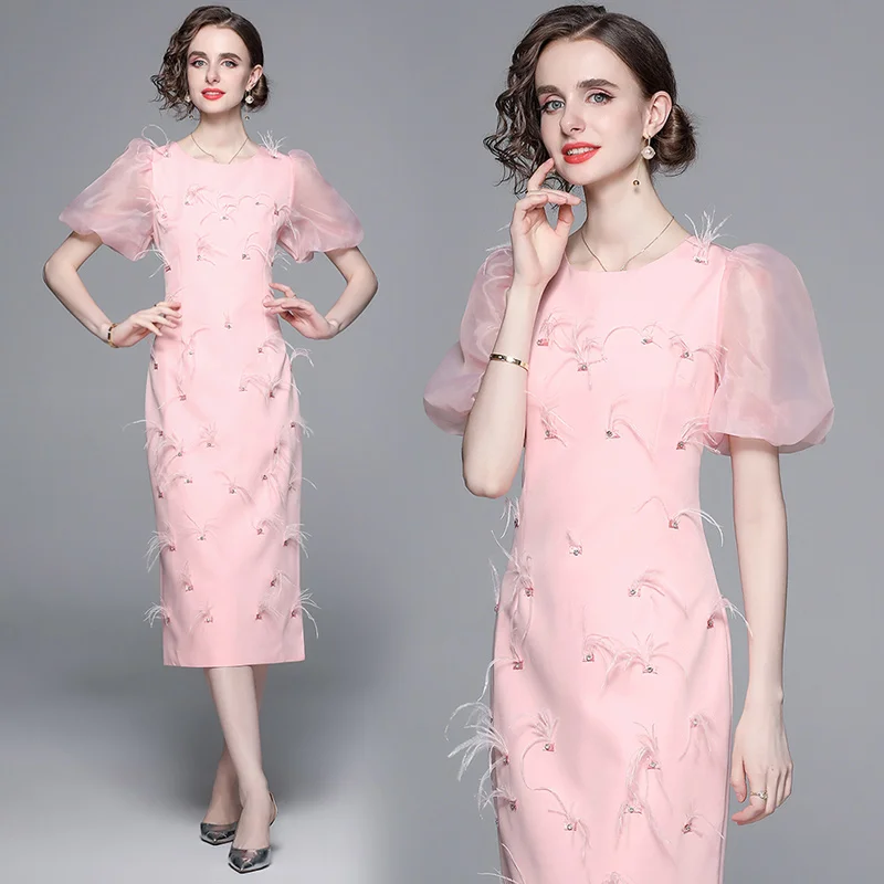 

Ele Slimming Bird Feather Dr Faionable New Sle Heavy Embellied round Ne ort Sve Busin Casual Midi Dr