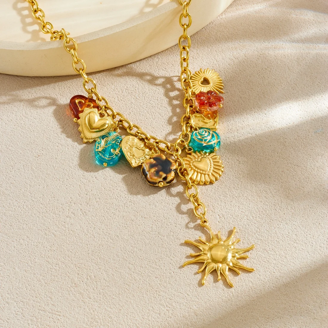 DIEYURO 316L الفولاذ المقاوم للصدأ الاتجاه الملونة غير النظامية القلب الذهبي الشمس قلادة قلادة سيدة مجوهرات مقاومة للماء براقة #4