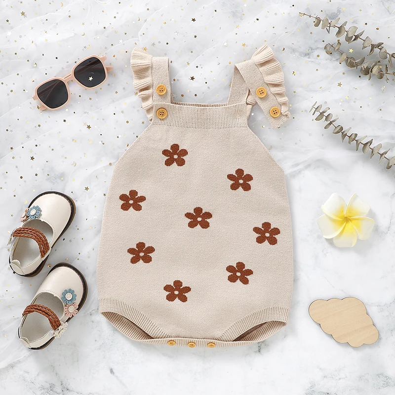 Newborn Baby Girls Summer Romper Sleeveless Button Floral Jacquard Sweater Cami Rompers Overalls