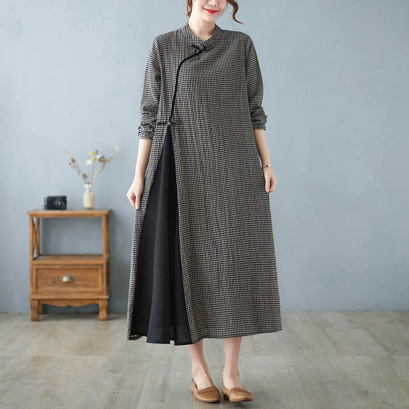 NYFS-فساتين طويلة من القطن والكتان منقوشة بقطع قماش فضفاضة للنساء ، رداء Elbise ، جديد ، خريف ، 2023