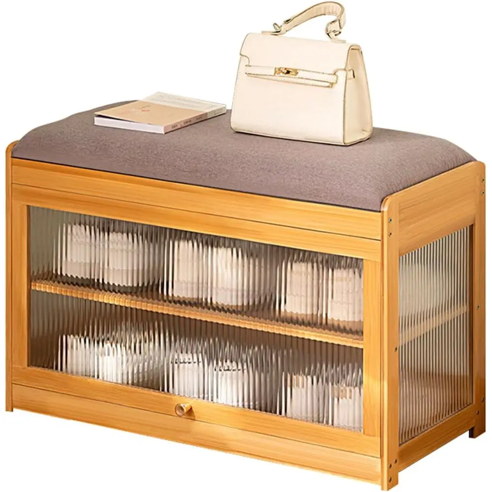 

Natural 2-Tier Shoe Storage Bench with Cushion and Acrylic Door