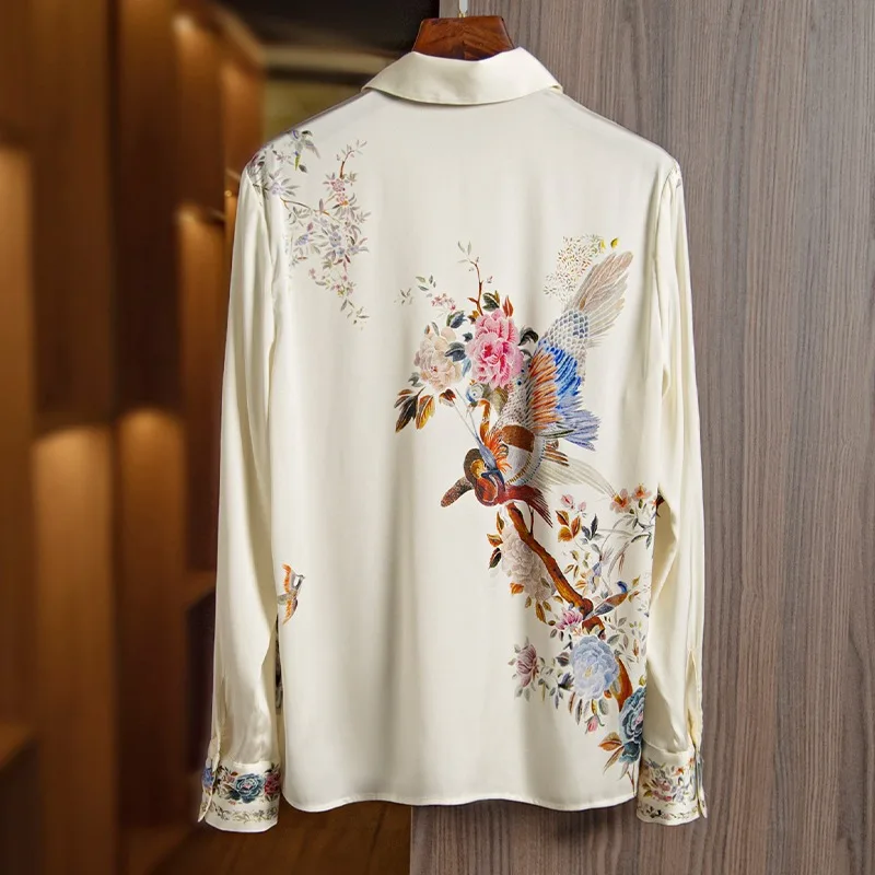 Long sleeved imitation silk shirt for women in spring 2025,  slimming, loose and stylish, printed with imitation mulberry silk
