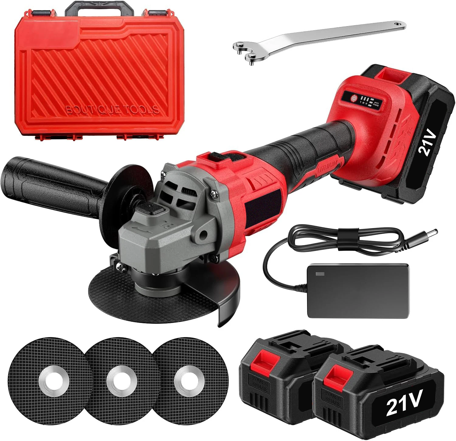 Smerigliatrice angolare a batteria senza fili 21V, motore brushless, potenza massima 800W, motore 6,7A, 3 velocità variabili 0-12000RPM, blocco mandrino, funzionamento continuo, 2 batterie al litio