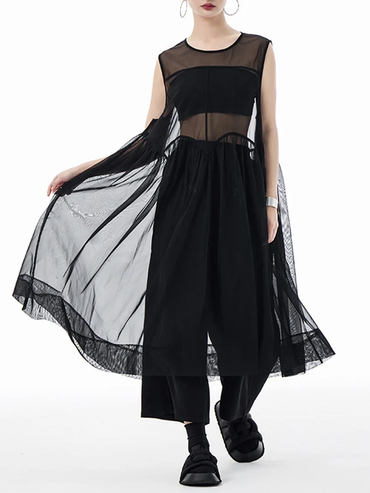 

Women Black Big Hem Mesh Big Size Elegant Perspective Dress New Round Neck Sleeveless Fashion Spring Summer 2024 1DH6298