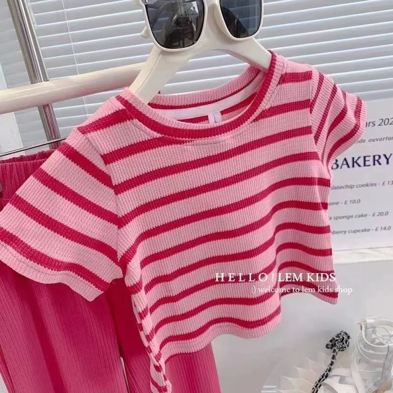 2024 Summer girls and children's new stylish striped short sleeve top cool wide leg pants 2-piece set suitable for 1 to 8 years image 3