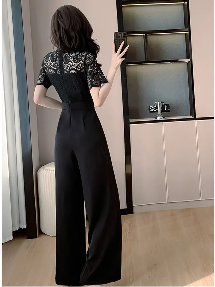 SMTHMA New Chinese Black Lace Patchwork Jumpsuit 2024 New Elegant Temperament Wide Leg Jumpsuit For Women\'s Summer Clothing