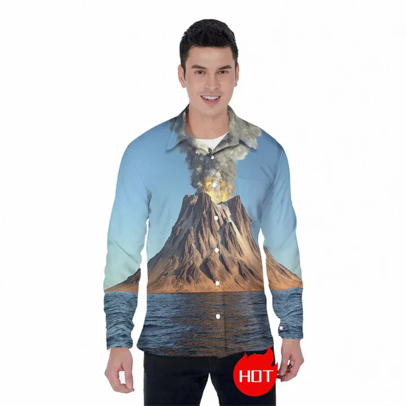 

Vesuvian Erupt Graphic Long Sleeve Shirts For Men Clothes Casual Male Lapel Blouse Volcano 3D Printed Shirt Unisex Button Tops