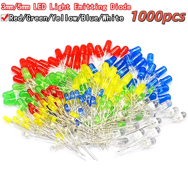 1000pcs 3mm 5mm LED Light White Yellow Red Green Blue Assorted Kit DIY LEDs Set Electronic DIY Kit