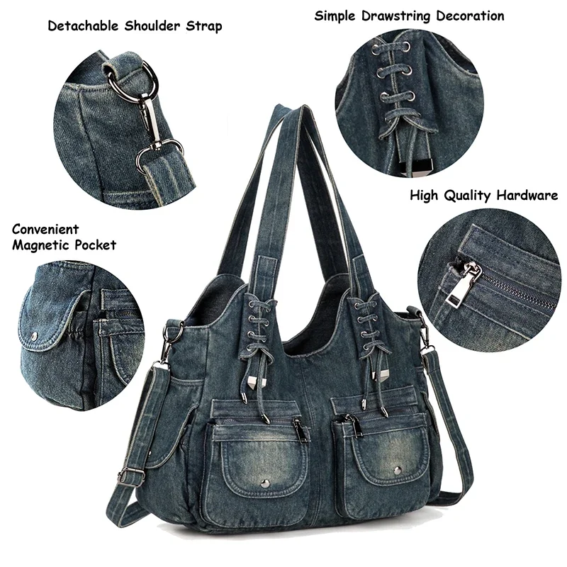 

Women Bag Vintage Casual Denim Handbag Lady Large Capacity Jeans Tote Weave Tape Creative Shoulder Messenger Bag Purse