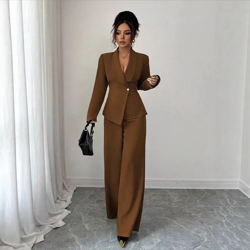 Women Asymmetrical Blazer & Wide Leg Pants 2 Piece Set Single Button Belted Waist Elegant Formal Office Outfit Spring Autumn Set