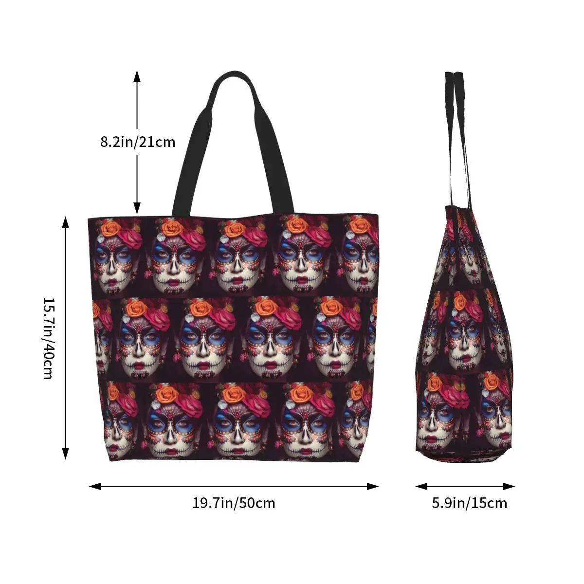 Mexican Catrina Girl Day Of The Dead Sugar Skull Shopping Tote Bag Canvas Shoulder Bags Shopper Grocery Handbag for Women