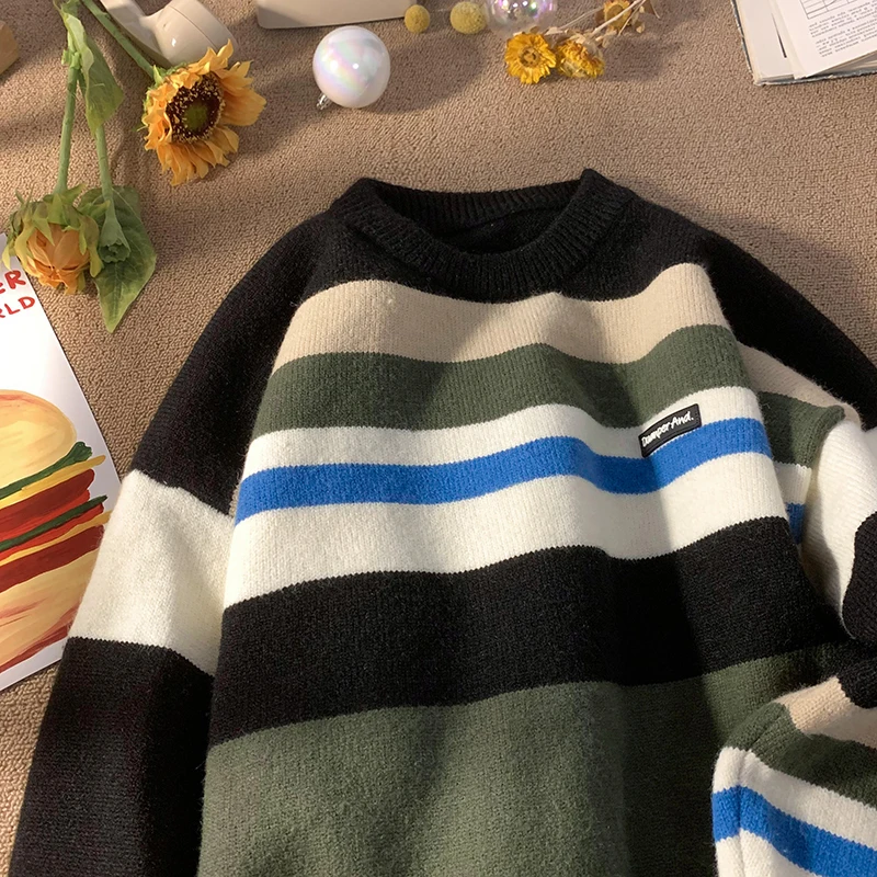 

Мужской свитер свободного кроя с круглым вырезом, зимний, модный, в стиле колор-блок, вязаный, американский ретро-стиль, утолщенный, с длинными рукавами