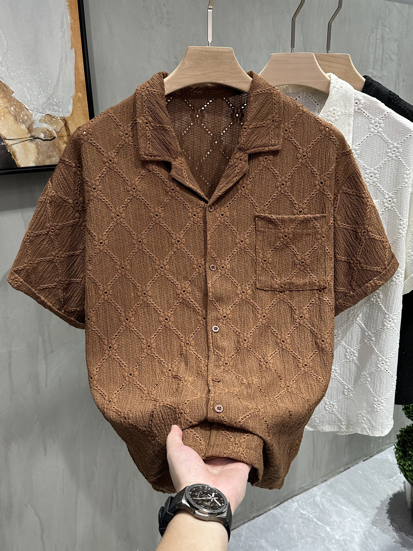Cuban Collar Hollow out Retro Men's Short Sleeve Shirt High Street Cool Design Summer Casual Fashion Breathable Comfortable