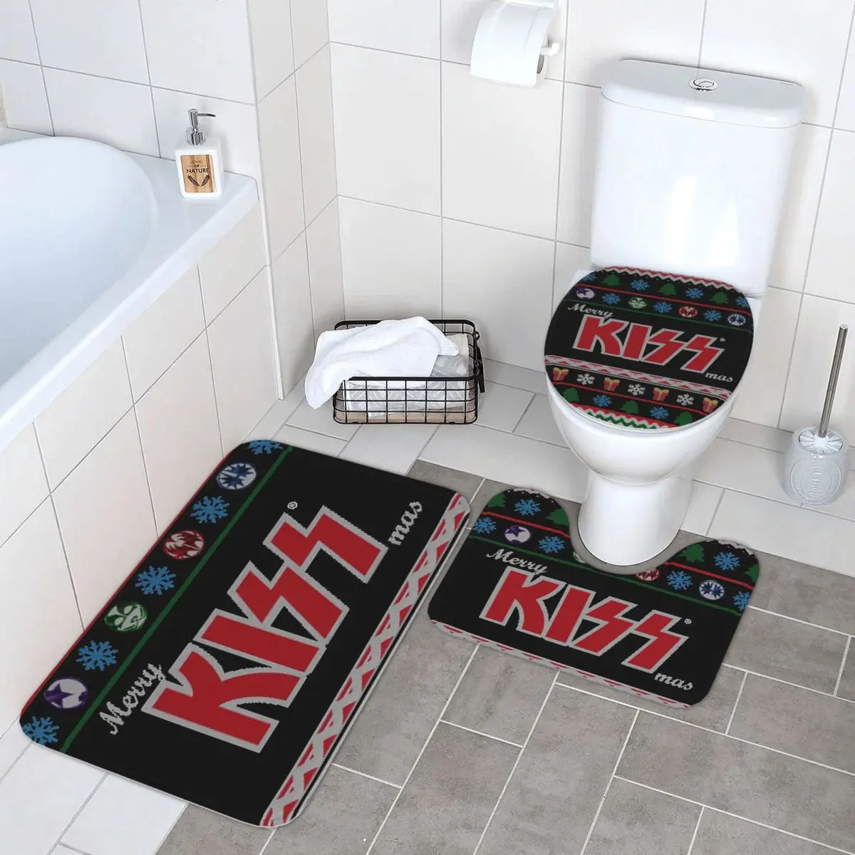 

KISS The Band Merry KissMas 3 Pcs Bath Mat Bathroom Set Toilet Lid Cover Home Decor Non-Slip Carpet Floor Rug