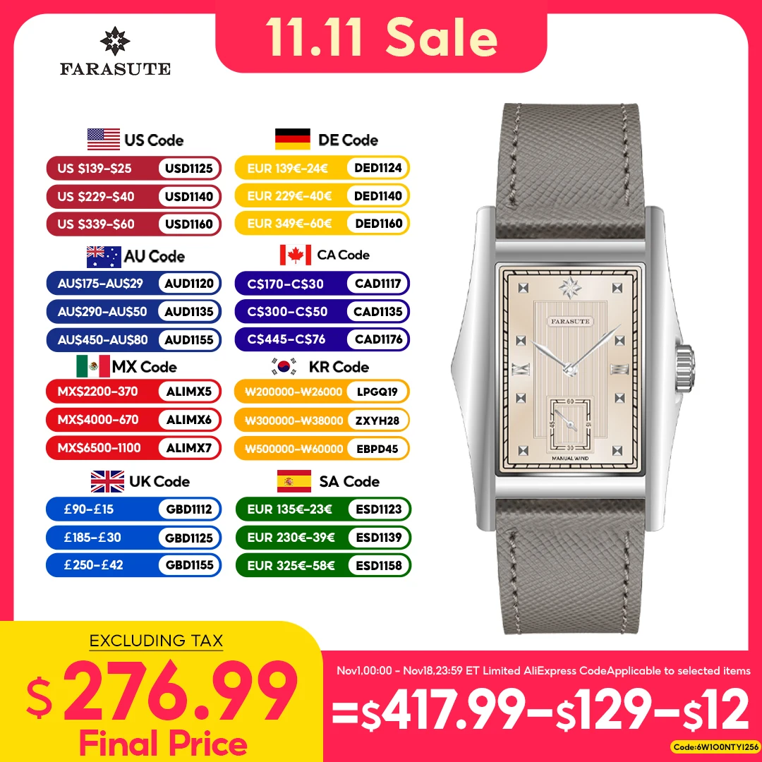 FARASUTE Creative Manual Square Customized Mechanical Movement Watch Men Luxury Sapphire Glass Small Second Wristwatches Reloj