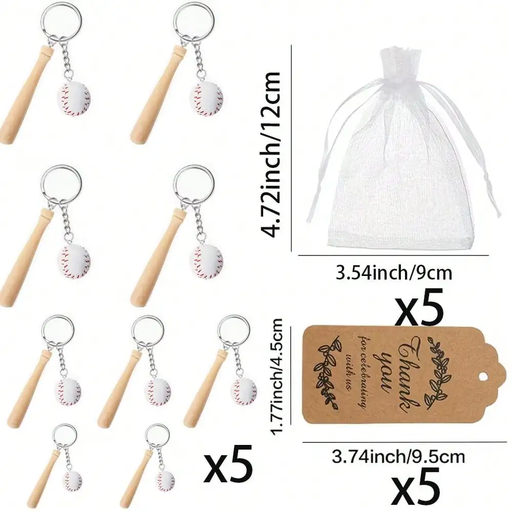 A 15/30-Piece mini Baseball Gift Set Includes 5/10 mini Baseball Keychains, 5/10 Mesh Bags, and 5/10 Thank-You Cards with Wooden