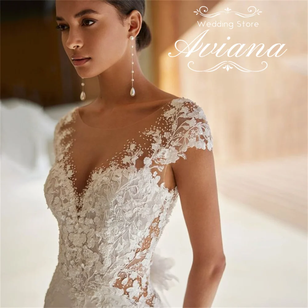 Aviana Personalizzato O-Collo Abito da sposa a sirena Sweep Train Fiore Ricamo Applicazioni in pizzo Backless Perline di lusso Elegante 2025