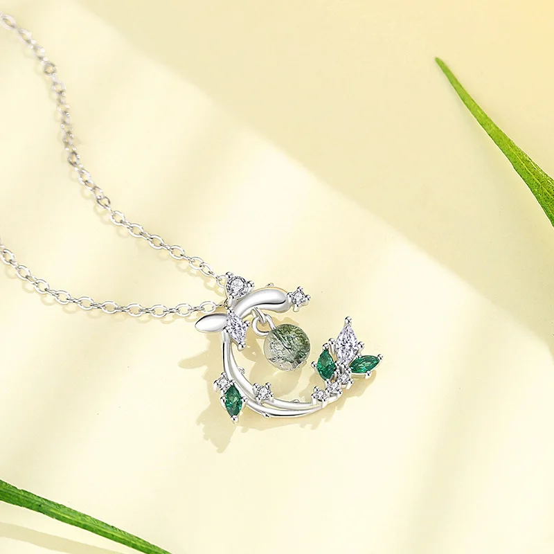 European Sparkling S925 Sterling silver Green AAA CZ Branch Jewelry Set Necklace Earrings Bracelet For Women Birthday Gift