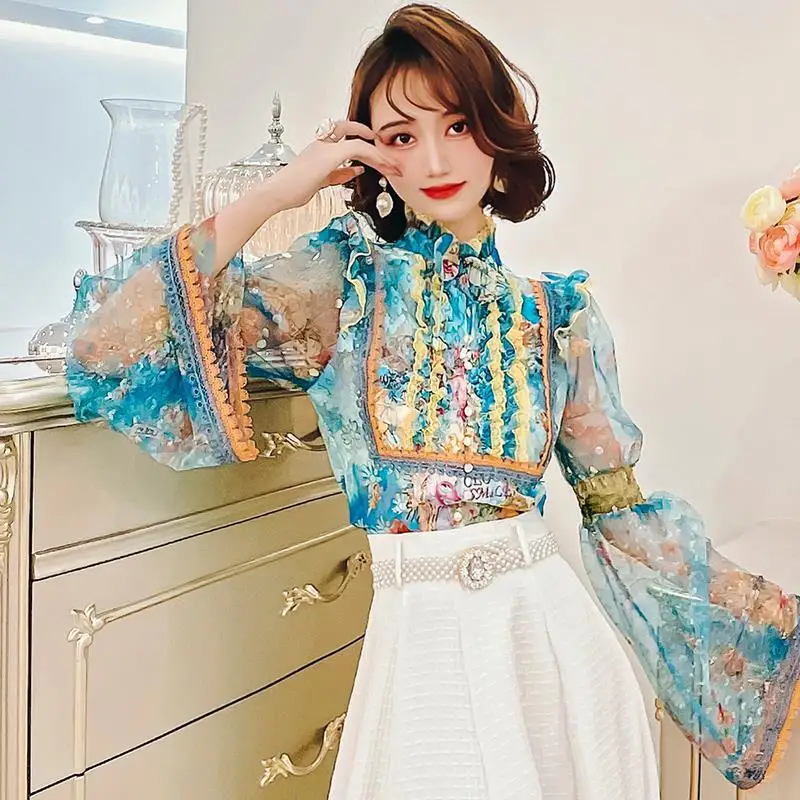 

Retro Palace Luxury Lace Spliced Shirt Autumn Thin Floral Printed Chiffon Blouses Single-breasted Long Flare Sleeve Tops Blusas