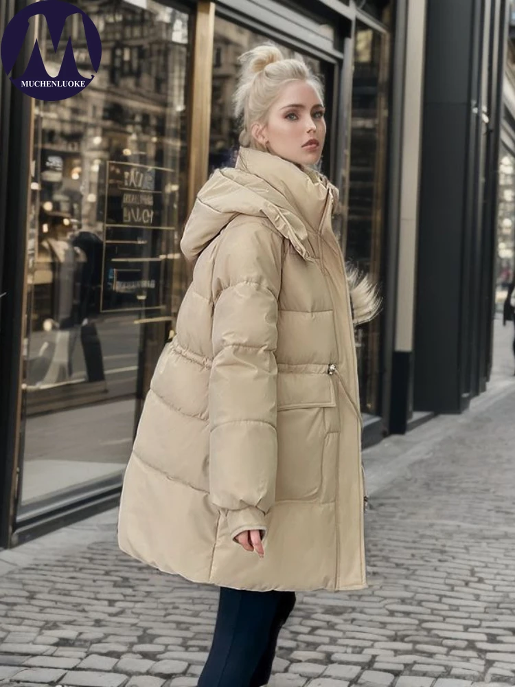 Doudoune à capuche décontractée pour femmes, parkas mi-longues à manches longues, mode coréenne, ample, épaississante, chaude, nouvelle, hiver, 2023