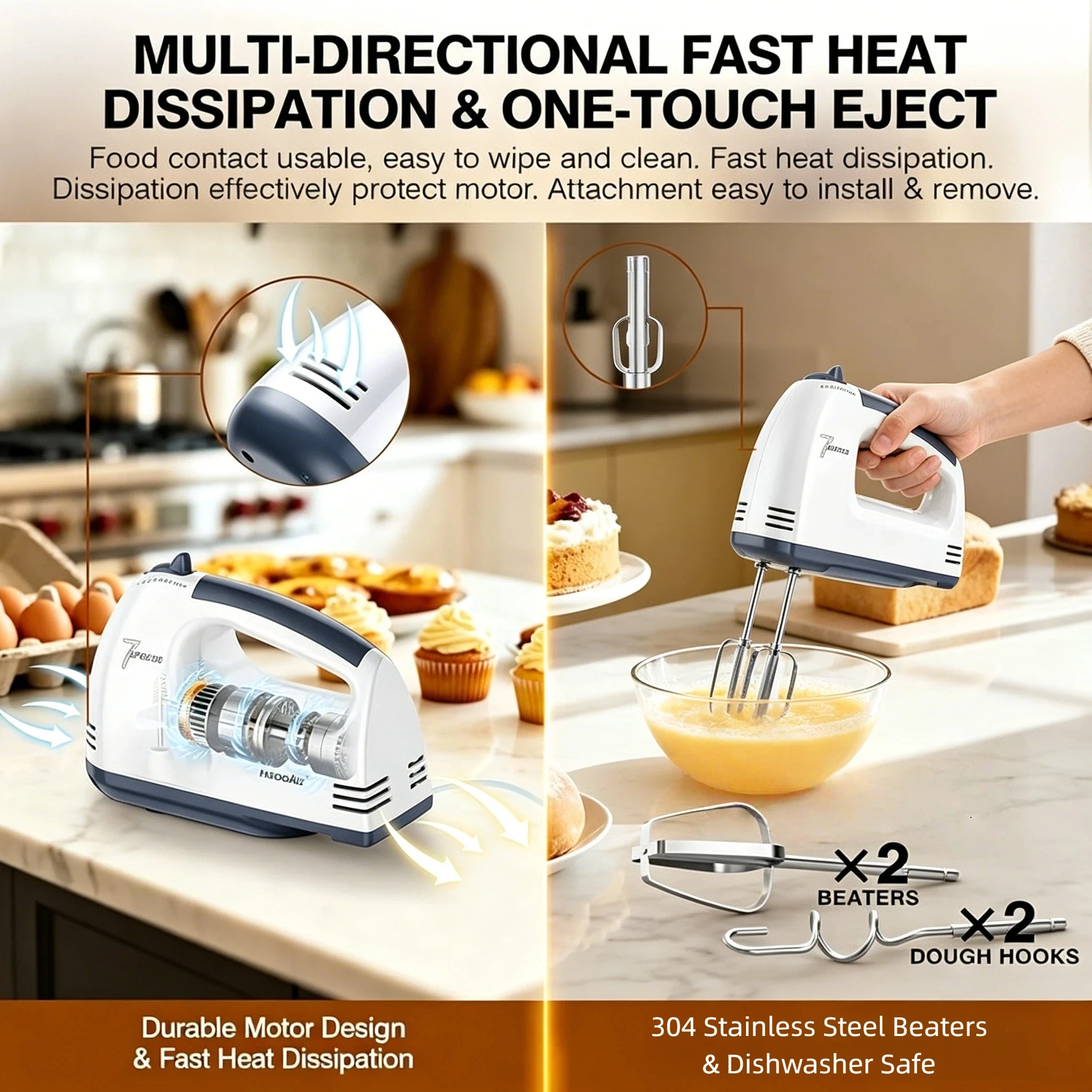 La batidora de mano tiene 7 configuraciones de velocidad para satisfacer diversas necesidades, desde mezclar ingredientes secos hasta batir crema.