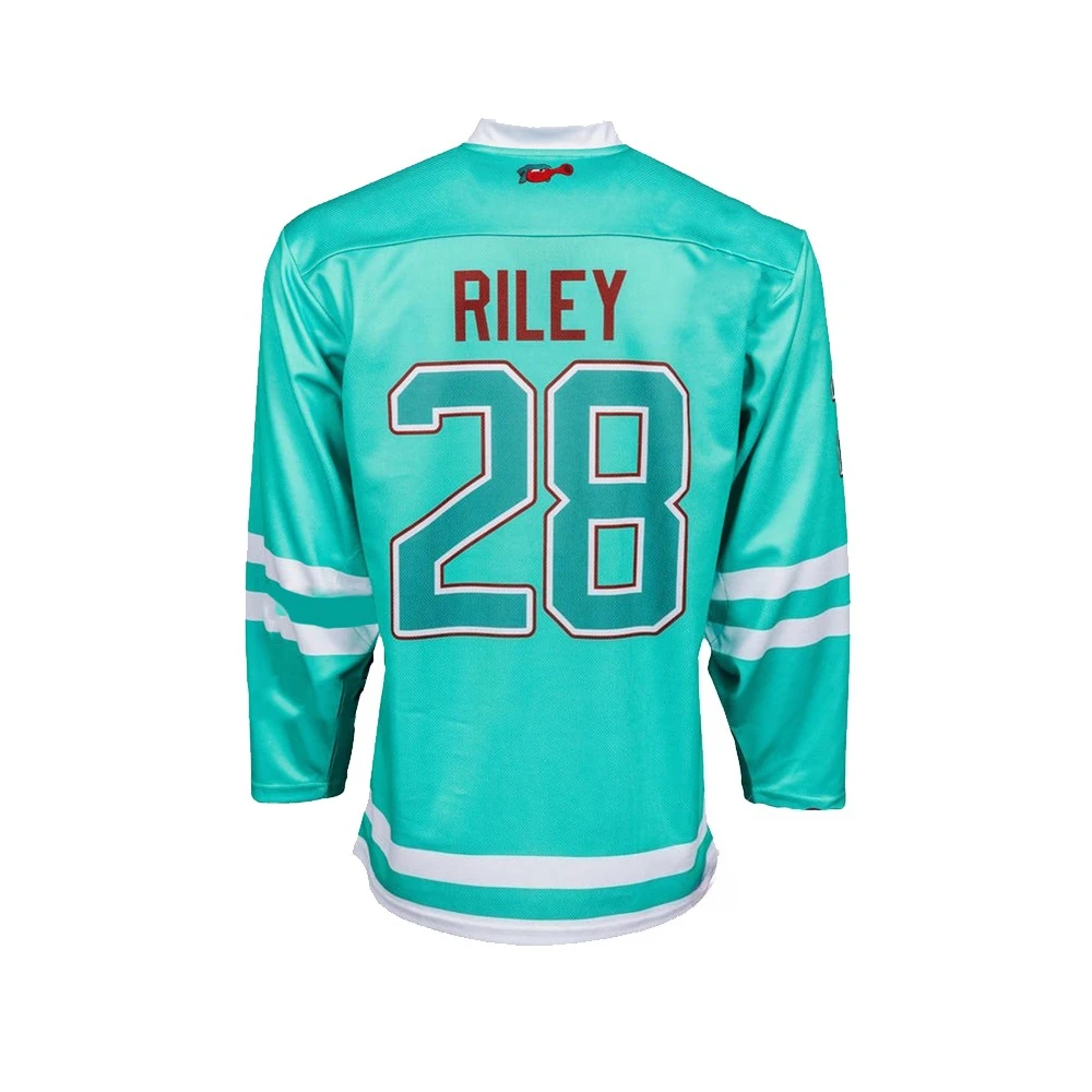 Herren San Francisco Fog Horns Hockey-Trikot Cartoon Foghorn Maskottchen RILEY 28 Nummerndruck Atmungsaktives, schnell trocknendes Mesh-Sportoberteil – Detail 4
