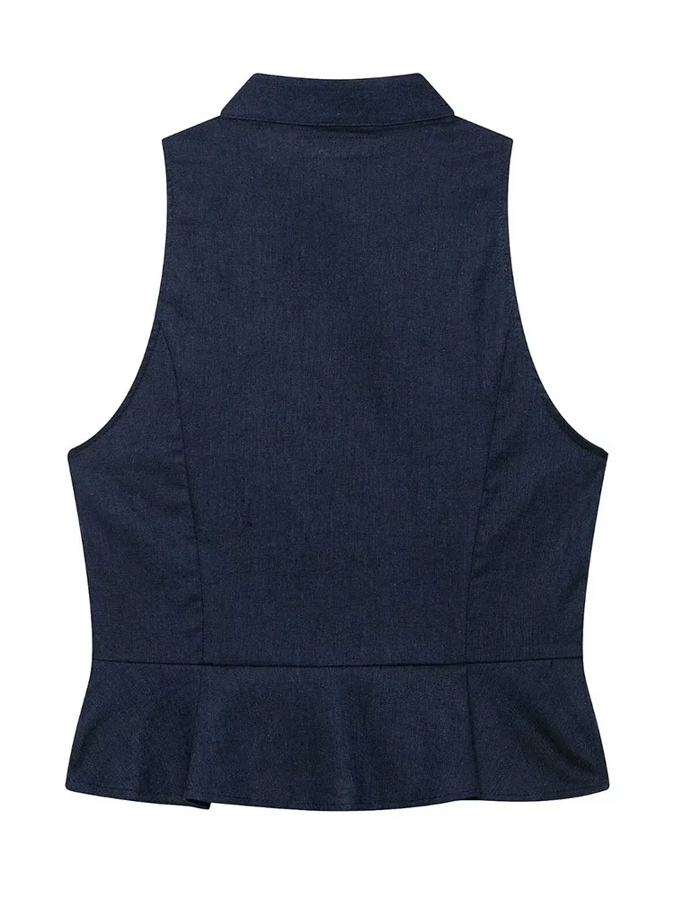 HH Women Summer Spring Vintage Elegant Dark Denim Mandarin Collar Frog Button Peplum Sleeveless Vest For Tea House Holiday Wear