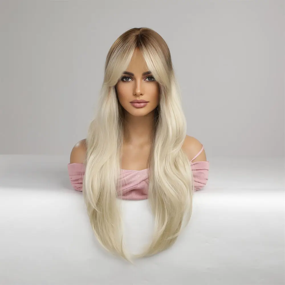 Long Straight Layered Hair Bangs Women 26 Inch Ombre Light Blonde Wigs