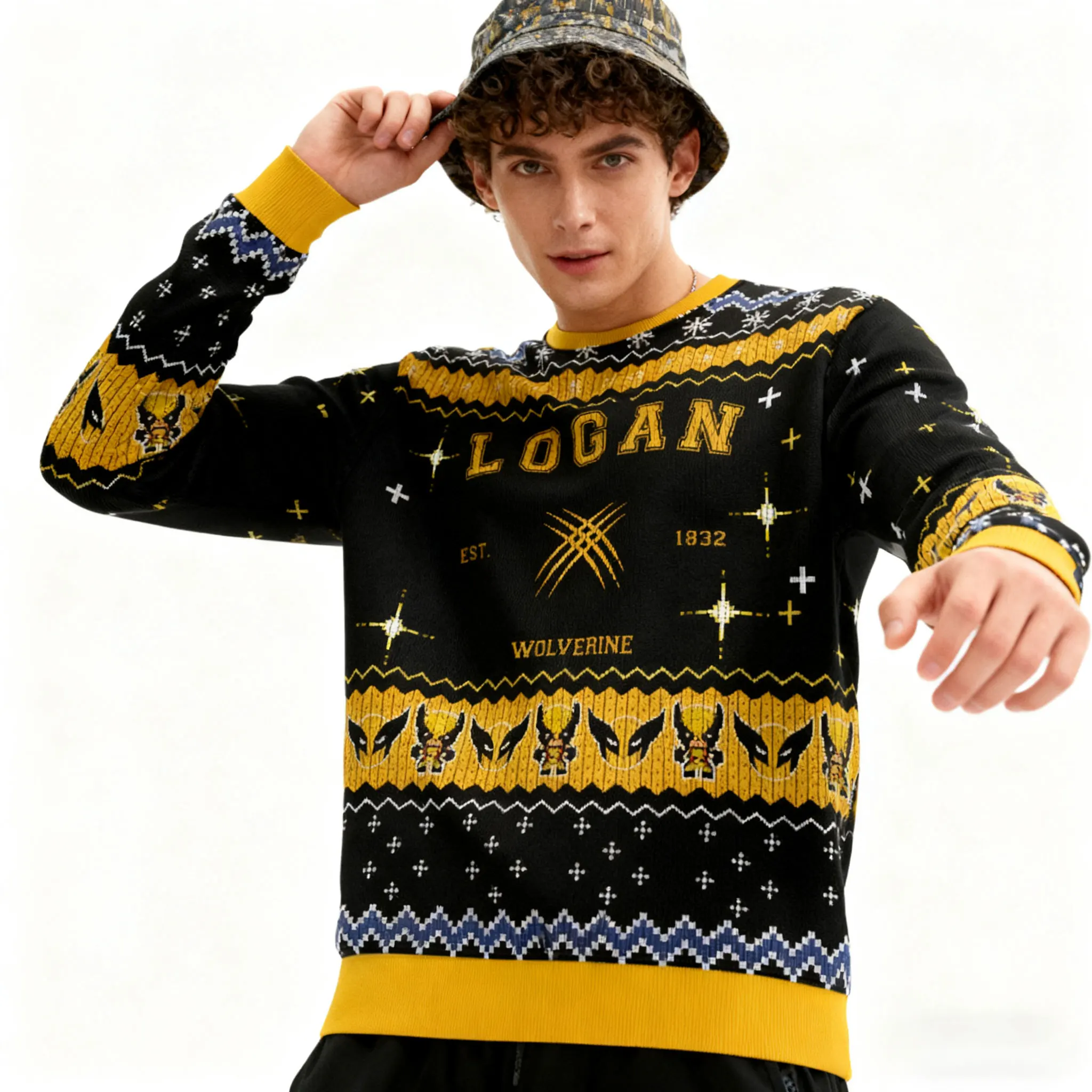 Росомаха Marvel супергерой стальной коготь шлем желтый черный цвет сращивания Рождественский уродливый свитер мужской зимний свитер с круглым вырезом