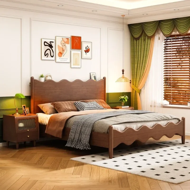 Nordic medieval style full solid wood modern simple wave bed 1.5 meters 1.8 meters retro double bed master bedroom we