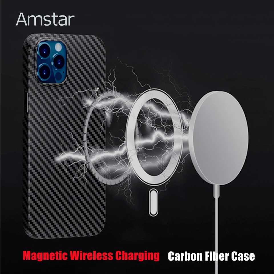 Amstar Real Carbon Fiber Phone Case for iPhone 14 13 Pro Max 14 13 Pro Magnetic Wireless Charging Ultra-thin Carbon Fiber Cover