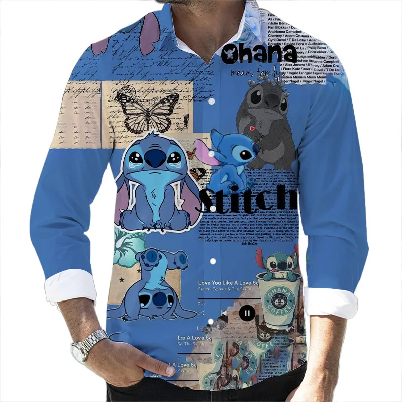 Lilo and Stitch Cartoon 2024 Spring Harajuku New Fashion Casual 3D Printed Long Sleeve Lapel Shirt Slim Men's Top