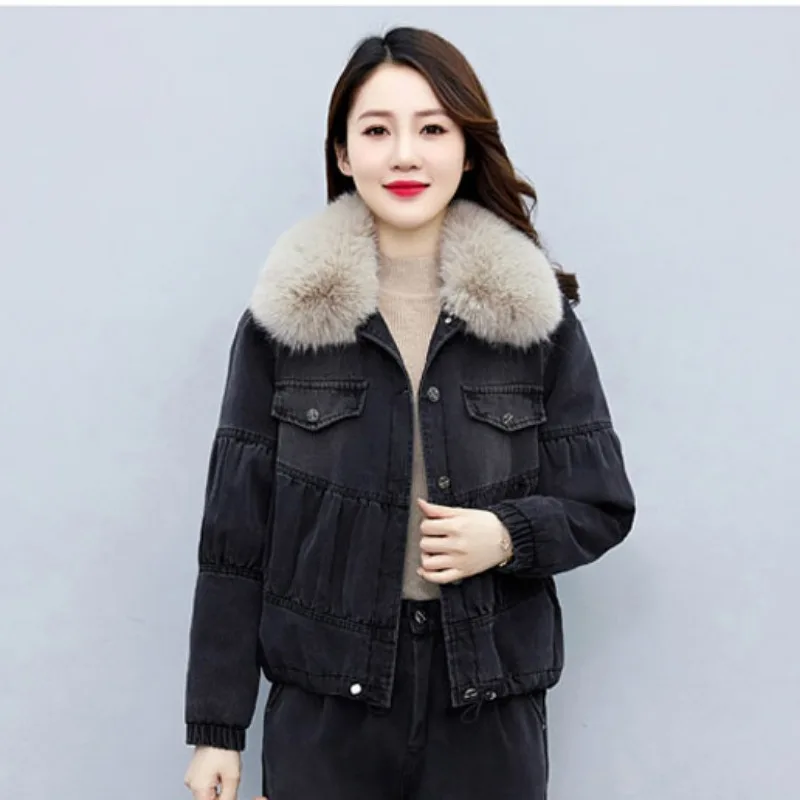 2023 Winter New Casual Loose Denim Suit Women Vintage Fleece Thick Corkage Pants Two-piece Jean Jacket with Fur Collar